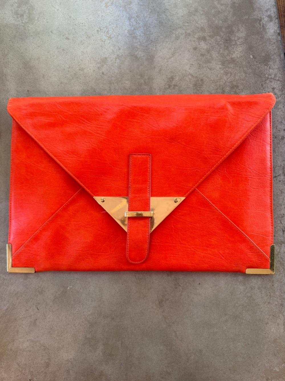 Orange Faux Leather Envelope Clutch with Gold Accents